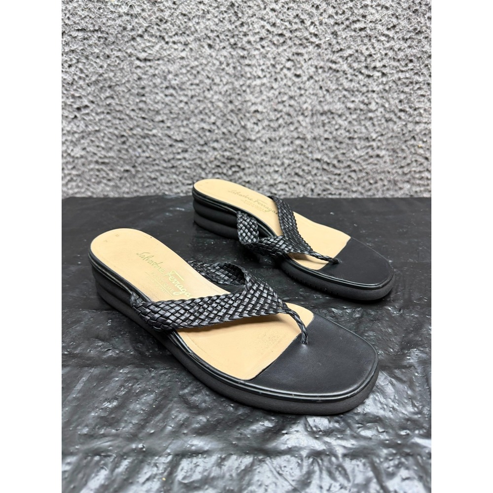 Salvatore Ferragamo Leather Thong Wedge Sandals Black Womens Size 9B US